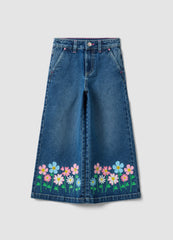OVS Blue Wide-Leg Pure Cotton Jeans With Floral Print For Girls