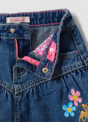 OVS Blue Pure Cotton Denim Skirt With Floral Embroidery For Girls