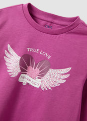 OVS Purple pure organic cotton T-shirt with heart and wings print for girls
