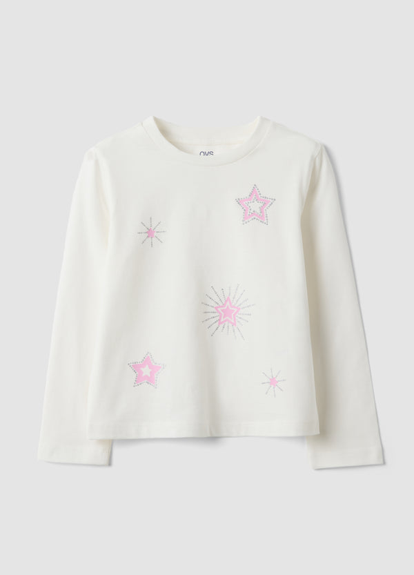 OVS White pure organic cotton T-shirt with star print for girls