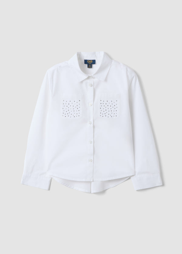 OVS White pure cotton shirt with rhinestones, regular fit, for girls
