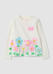 OVS White Stretch Cotton Girls’ T-Shirt With Floral Motif