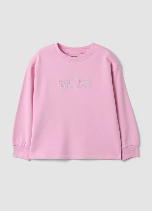 OVS Pink pure cotton crew-neck sweatshirt with heart print for girls