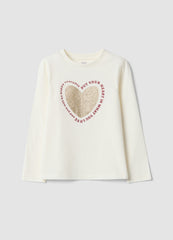 OVS White Organic Cotton T-Shirt With Heart Print For Girls