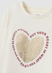 OVS White Organic Cotton T-Shirt With Heart Print For Girls
