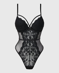 La Senza Push Up Bodysuit in Timeless Lace with Mesh in Tuxedo Black