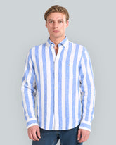 Regular Fit Bold Striped Cotton Linen Shirt Blue / L