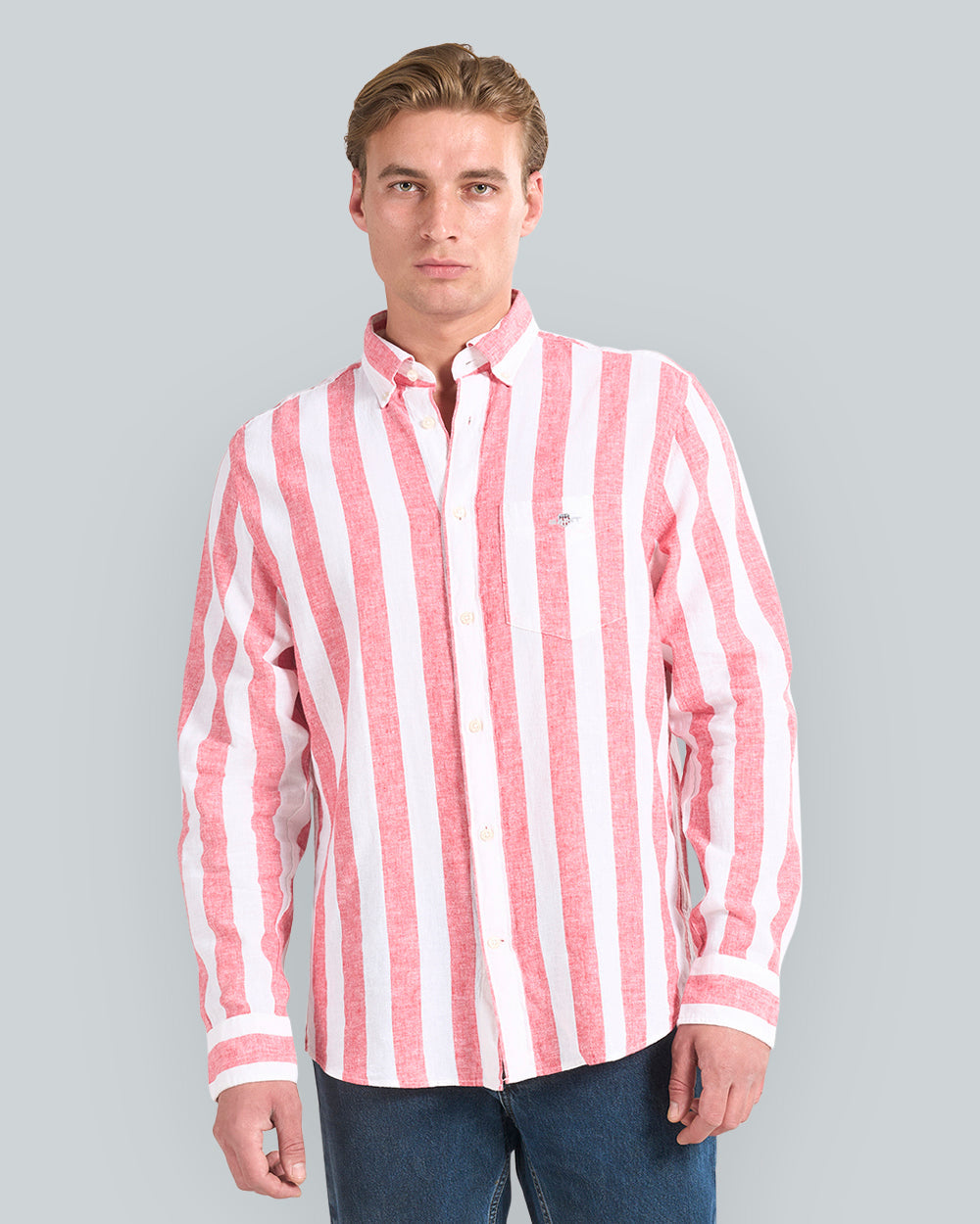 Regular Fit Bold Striped Cotton Linen Shirt Red / L