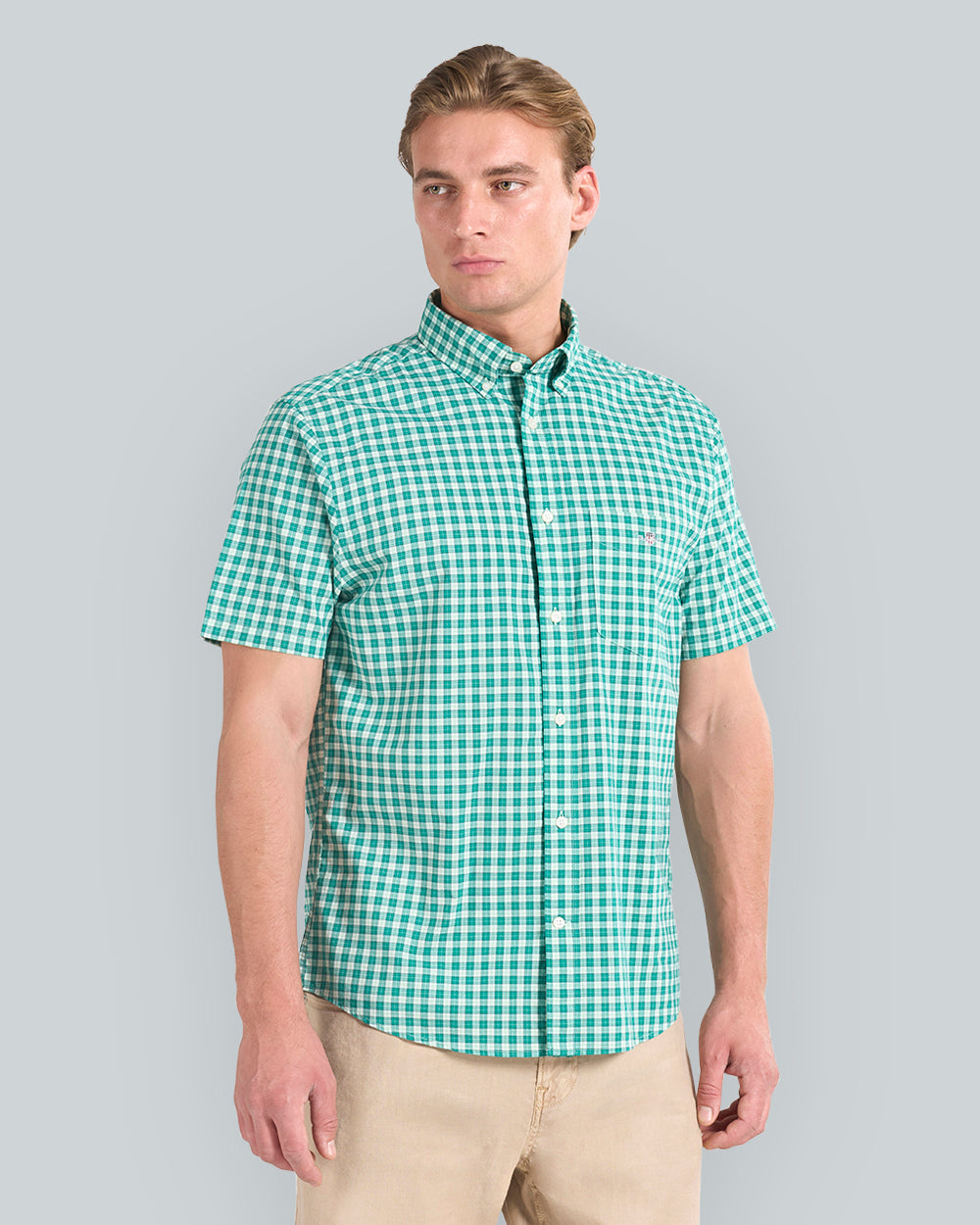 REG CLASSIC POPLIN CHECK SS SHIRT Green / L