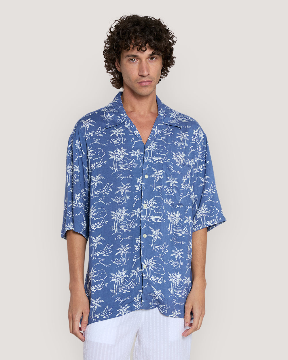 Relaxed Fit Island Print Shirt Dusty Navy / M