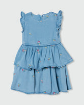 Tiered Denim Dress With Flowers Embroidery MEDIUM BLUE / 24-30 Months