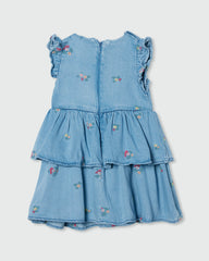 Tiered Denim Dress With Flowers Embroidery MEDIUM BLUE / 24-30 Months