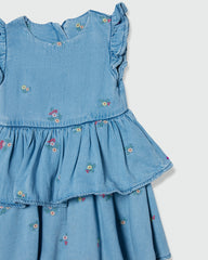 Tiered Denim Dress With Flowers Embroidery MEDIUM BLUE / 24-30 Months