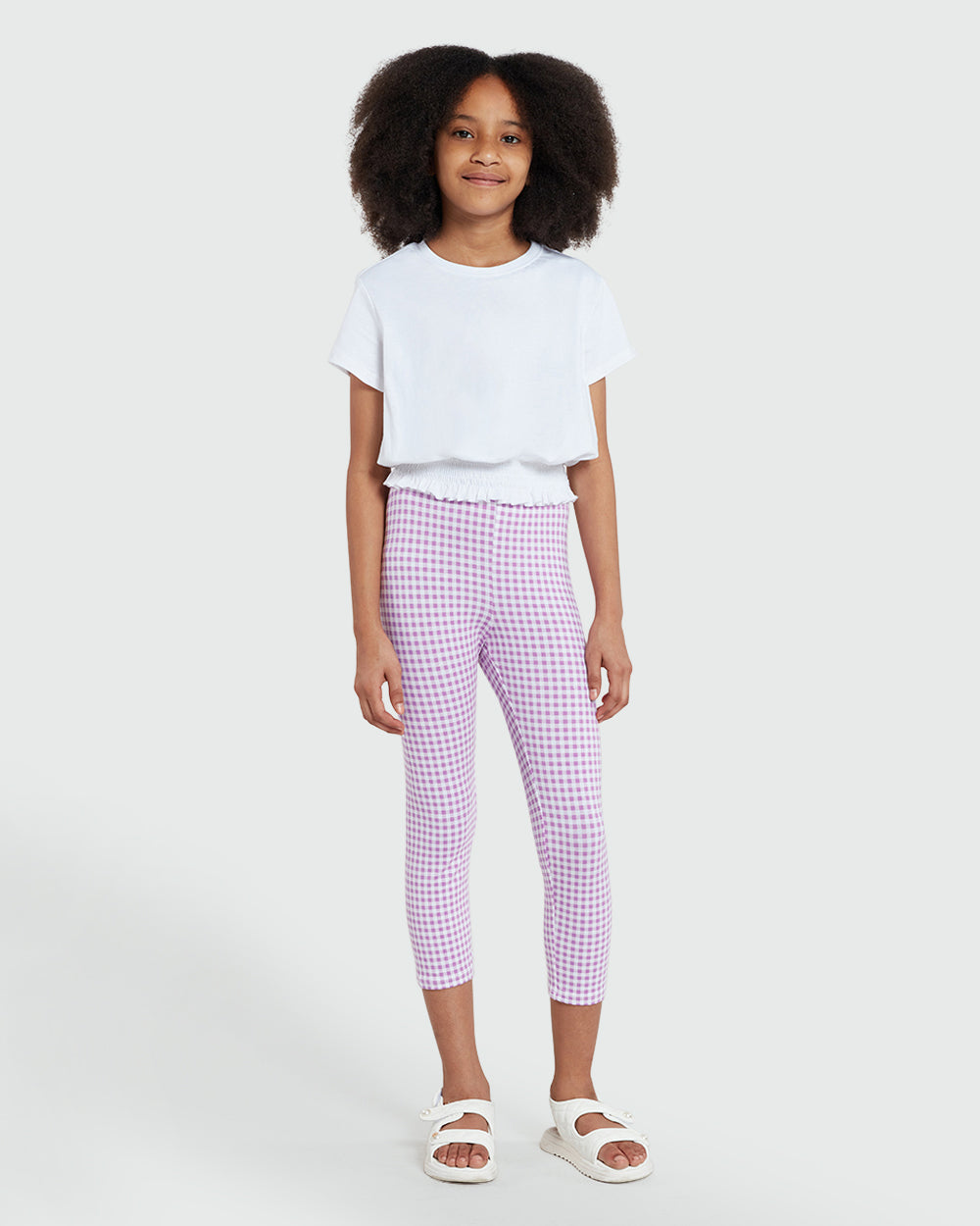 Three-Quarter Leggings In Stretch Cotton WHITE/PINK CHECK / 9-10 Years