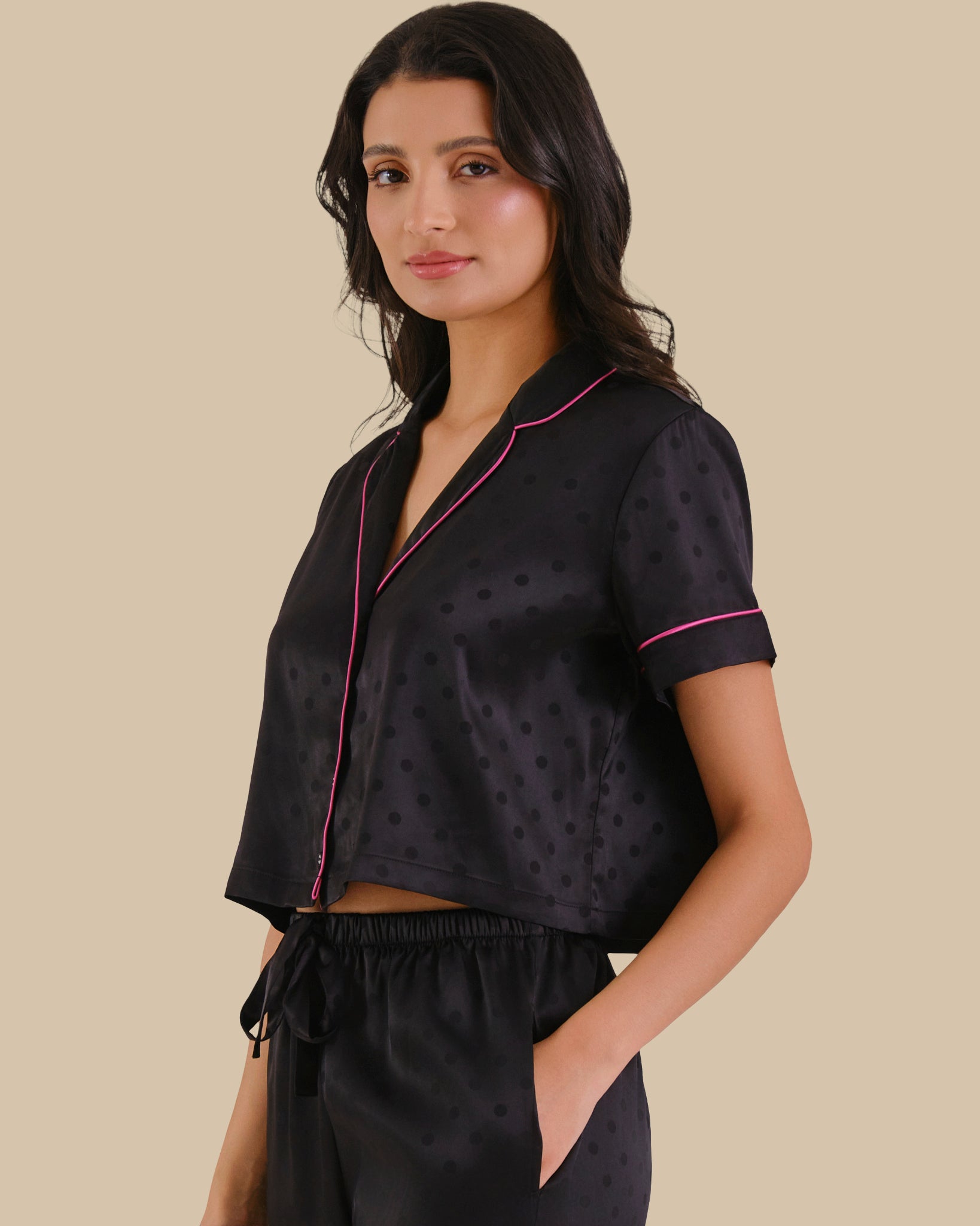 CROPPED PJ SHIRT BLACK BEAUTY/FUCHSIA-LSI / S
