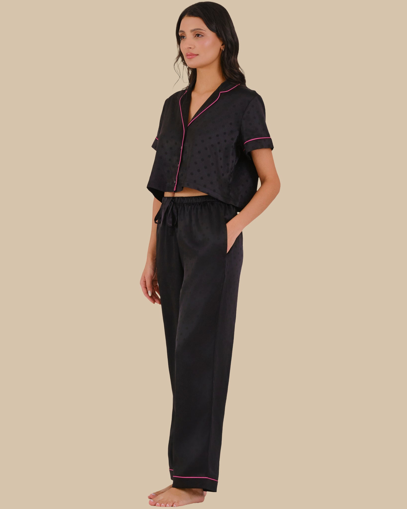 CROPPED PJ SHIRT BLACK BEAUTY/FUCHSIA-LSI / S