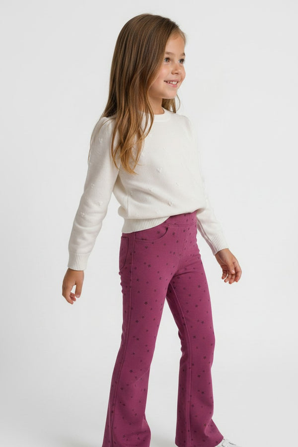 OVS Girls’ Purple Flared Stretch-Cotton Trousers With Star Print