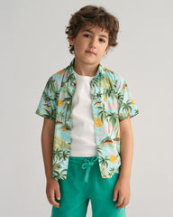 Kids Palm Print Cotton Short Sleeve Shirt 92 / TURQUOISE MIST