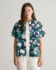 Teens Oleander Print Cotton Short Sleeve Shirt '134/140 / EVENING BLUE