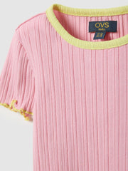 OVS Pink Elastic Cotton Girl'S T-Shirt, Regular Fit, With Patch
