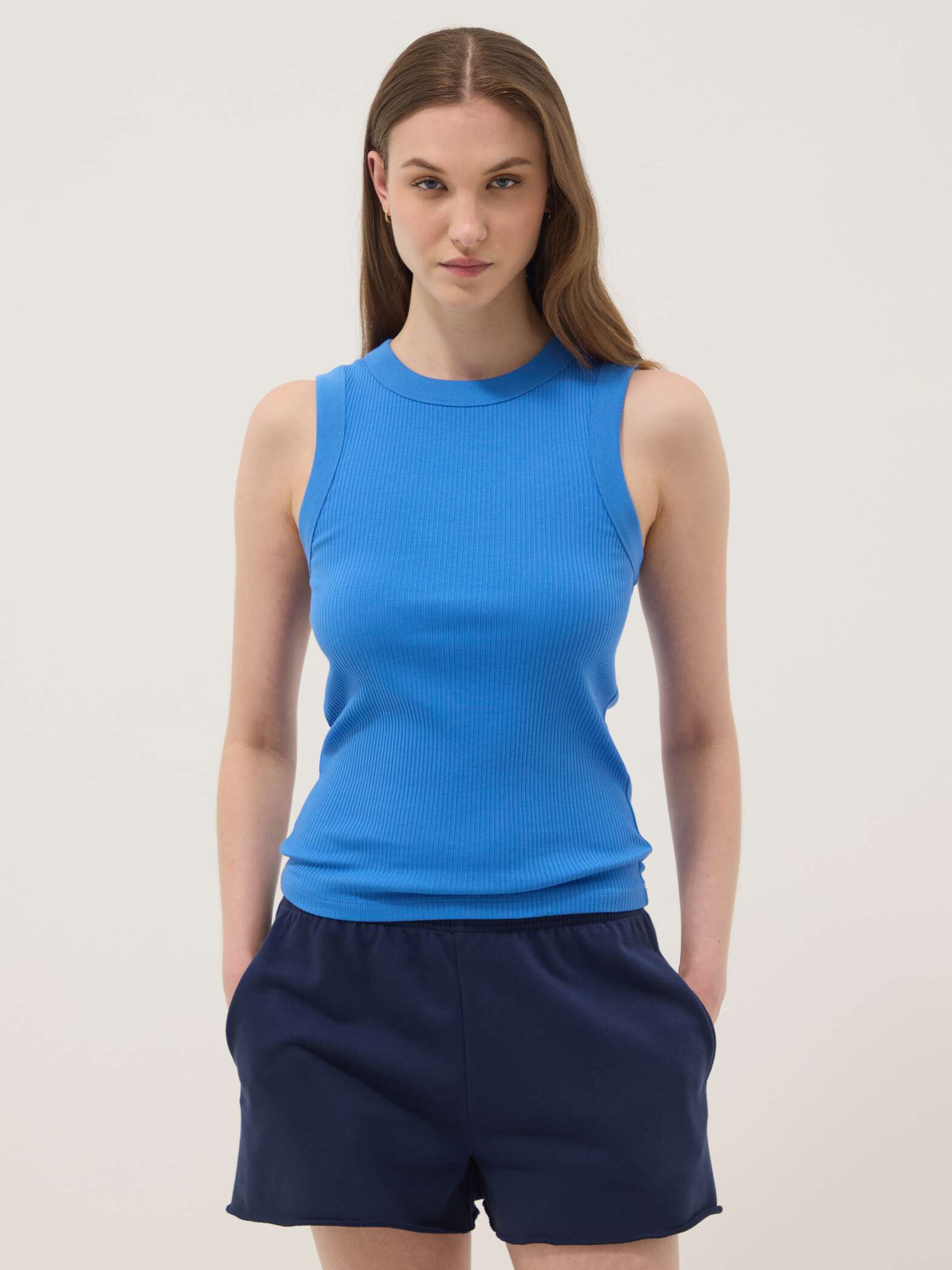 OVS Blue Fitted Ribbed Stretch-Cotton Tank Top