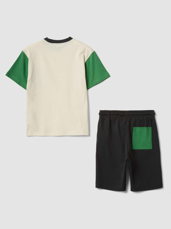 OVS Beige And Black Pure Cotton Set With T-Shirt And Shorts