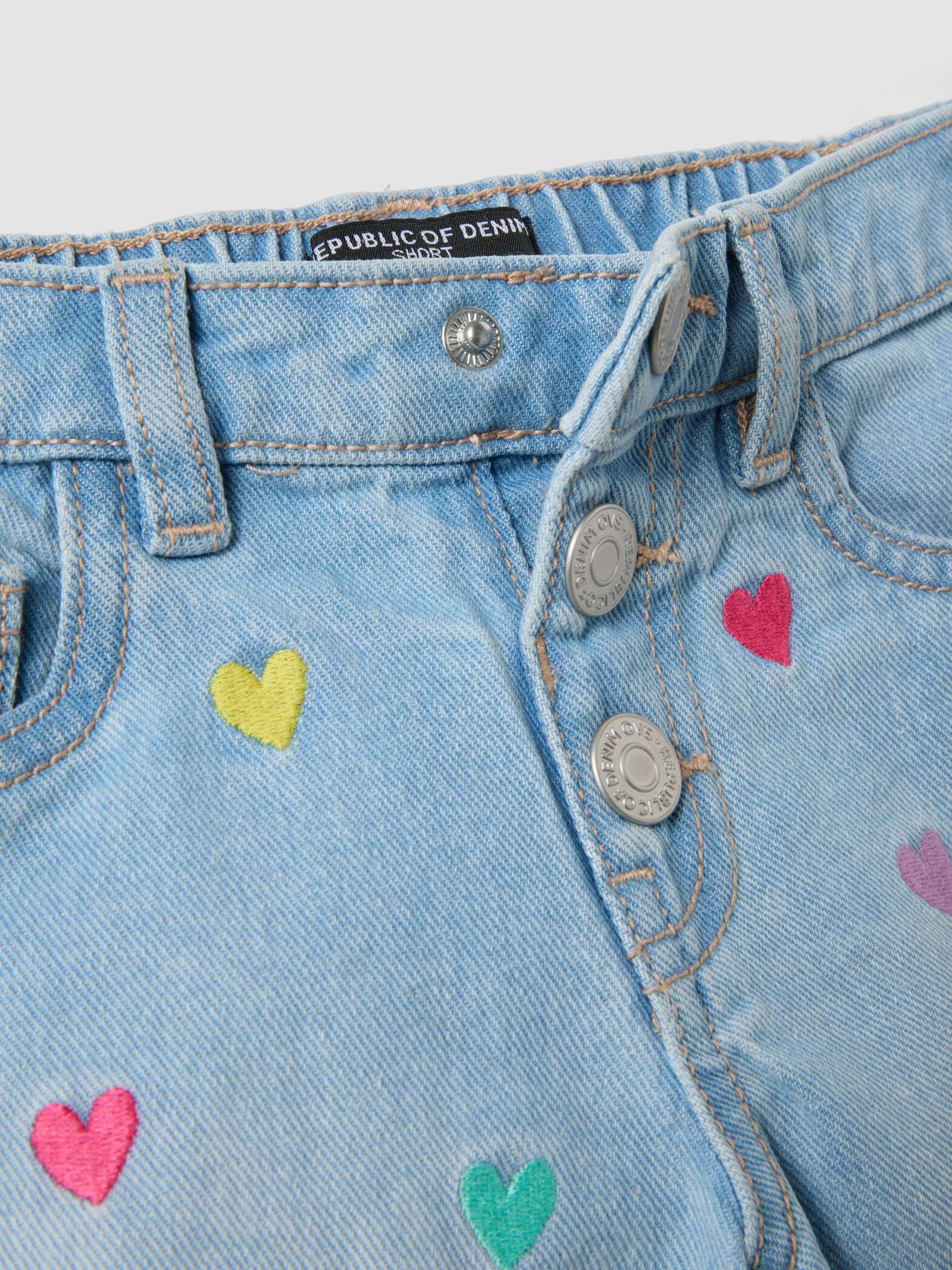 OVS Light Blue Pure Cotton Denim Shorts With Embroidered Hearts For Girls