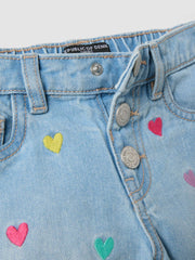 OVS Light Blue Pure Cotton Denim Shorts With Embroidered Hearts For Girls