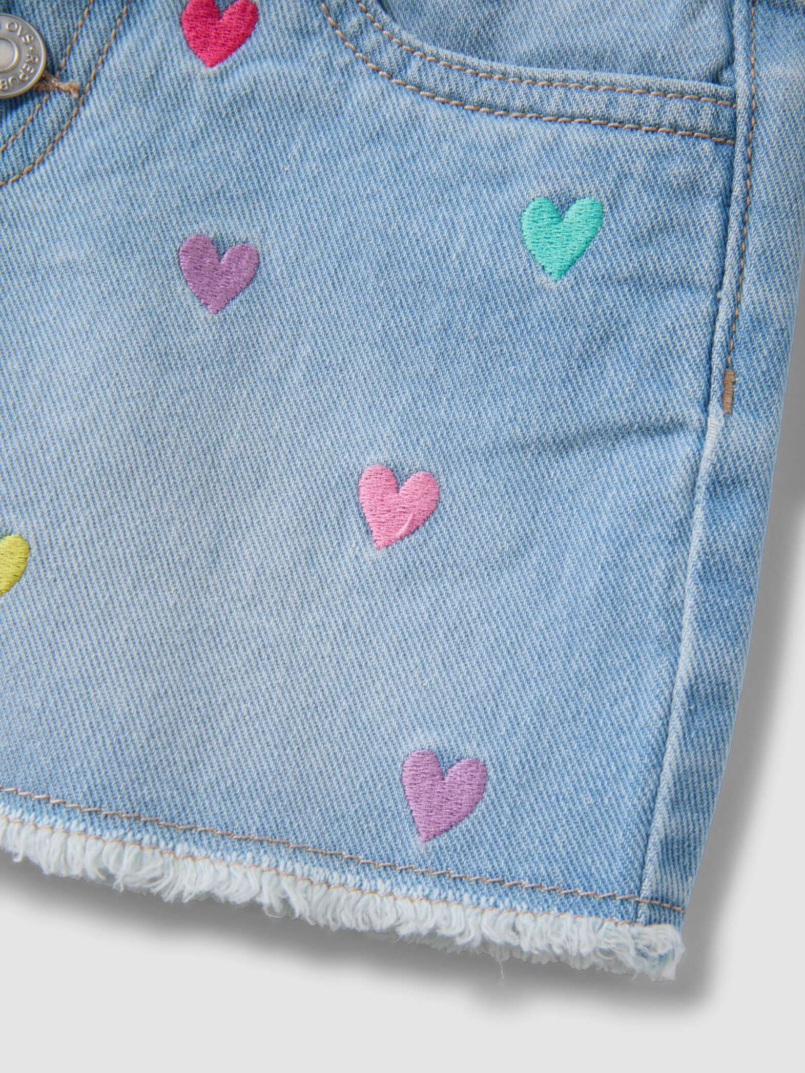 OVS Light Blue Pure Cotton Denim Shorts With Embroidered Hearts For Girls