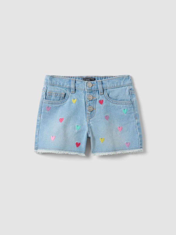OVS Light Blue Pure Cotton Denim Shorts With Embroidered Hearts For Girls