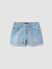 OVS Light Blue Pure Cotton Denim Shorts With Embroidered Hearts For Girls