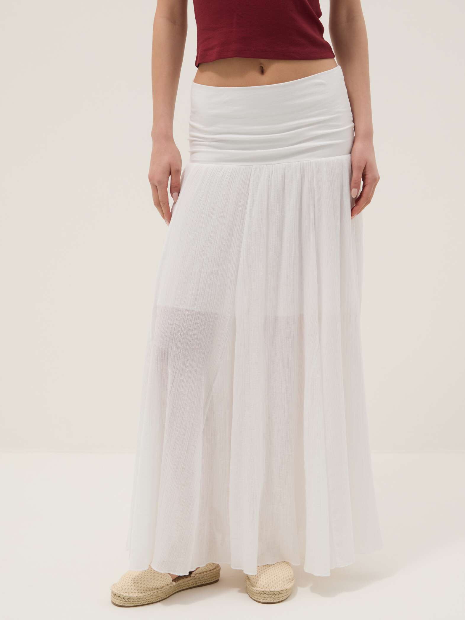 OVS Long White Pure Cotton Skirt With Elasticated Waist And Sheer Detailing