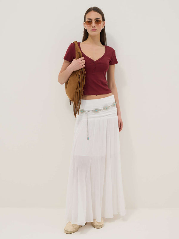 OVS Long White Pure Cotton Skirt With Elasticated Waist And Sheer Detailing