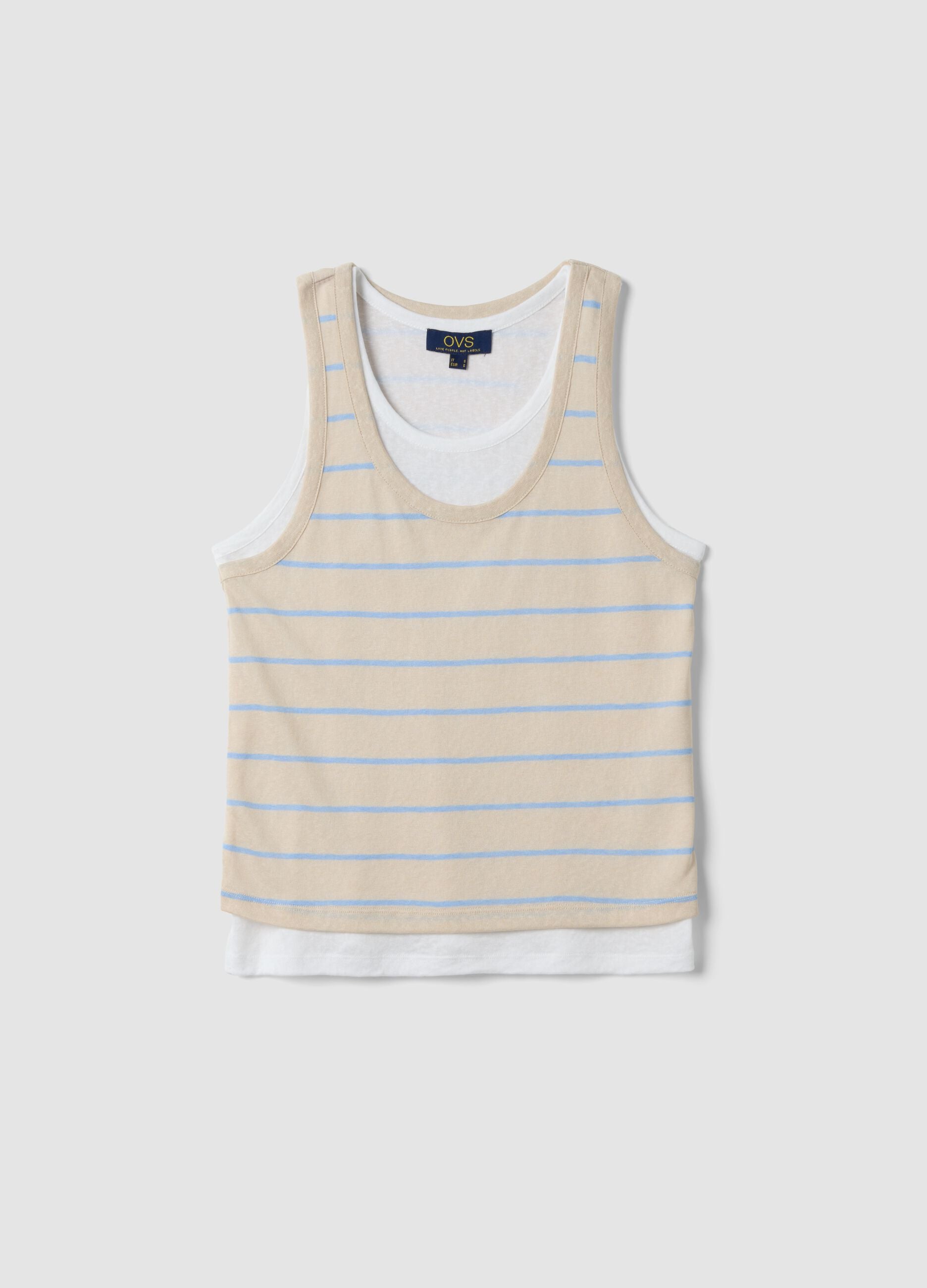 OVS Beige Striped Viscose-Blend Tank Top, Regular Fit