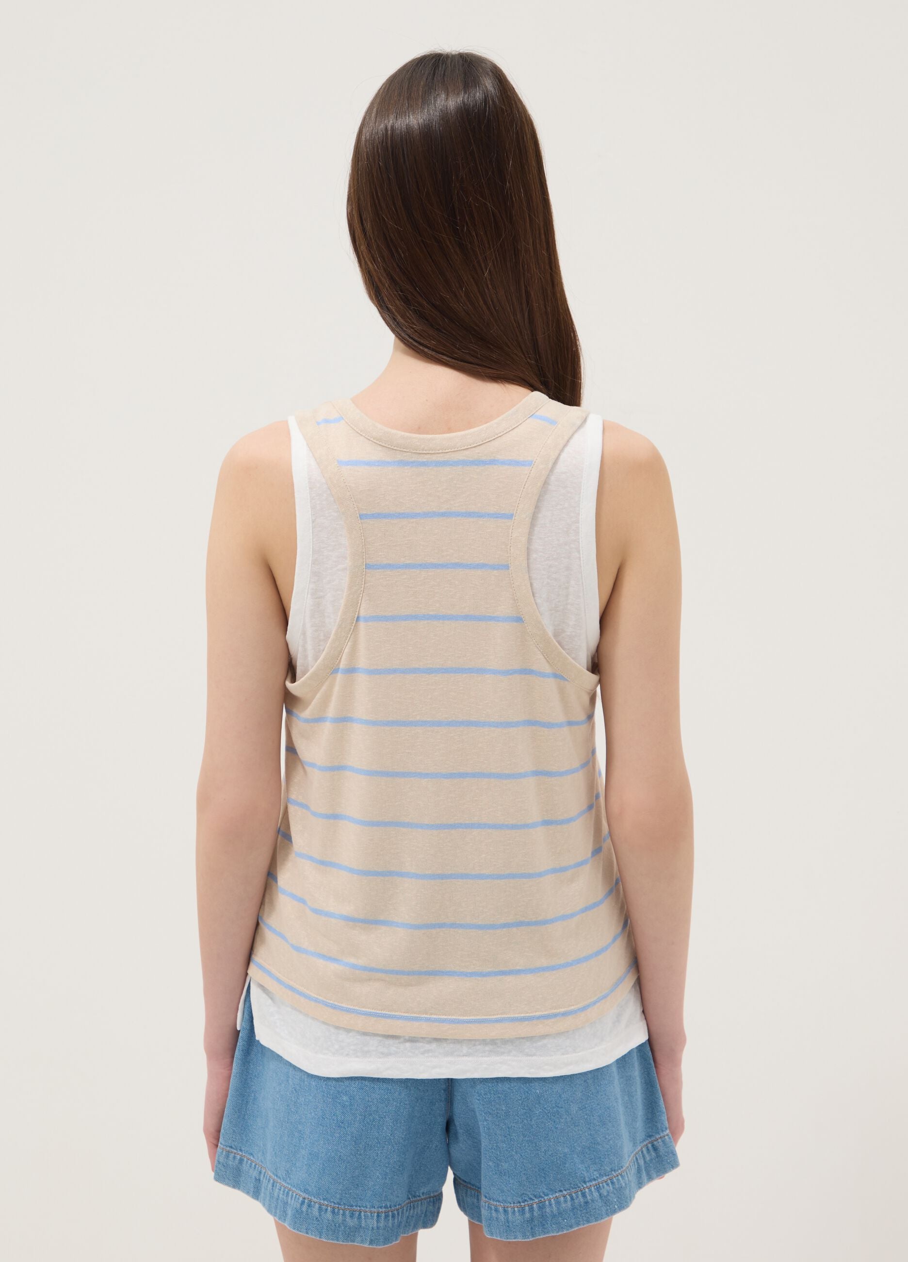 OVS Beige Striped Viscose-Blend Tank Top, Regular Fit