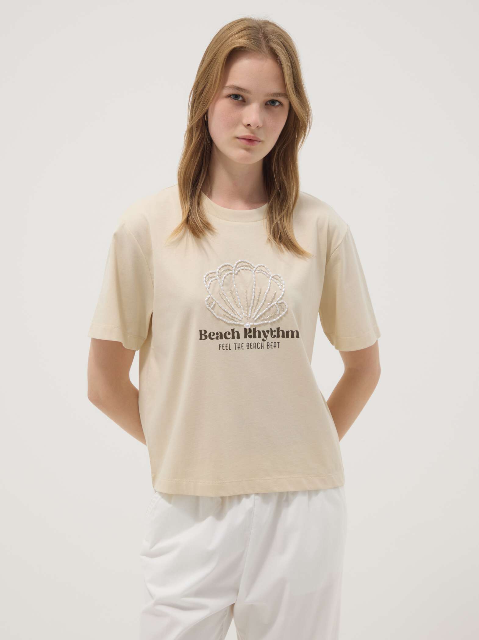 OVS Beige Short-Sleeved Pure Cotton T-Shirt With Embroidery