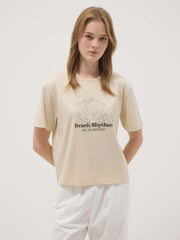 OVS Beige Short-Sleeved Pure Cotton T-Shirt With Embroidery