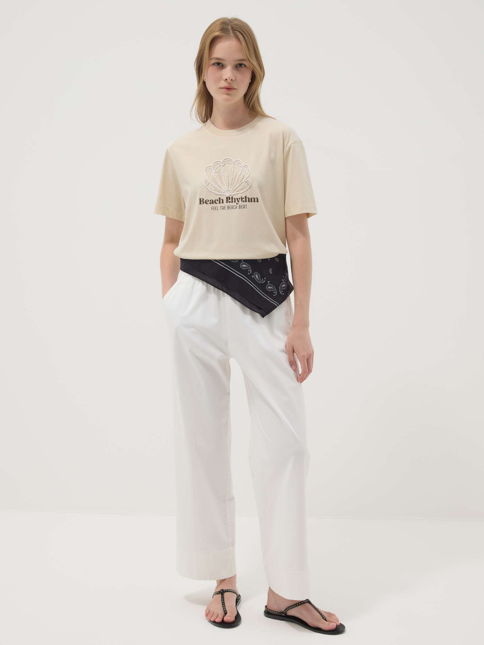 OVS Beige Short-Sleeved Pure Cotton T-Shirt With Embroidery