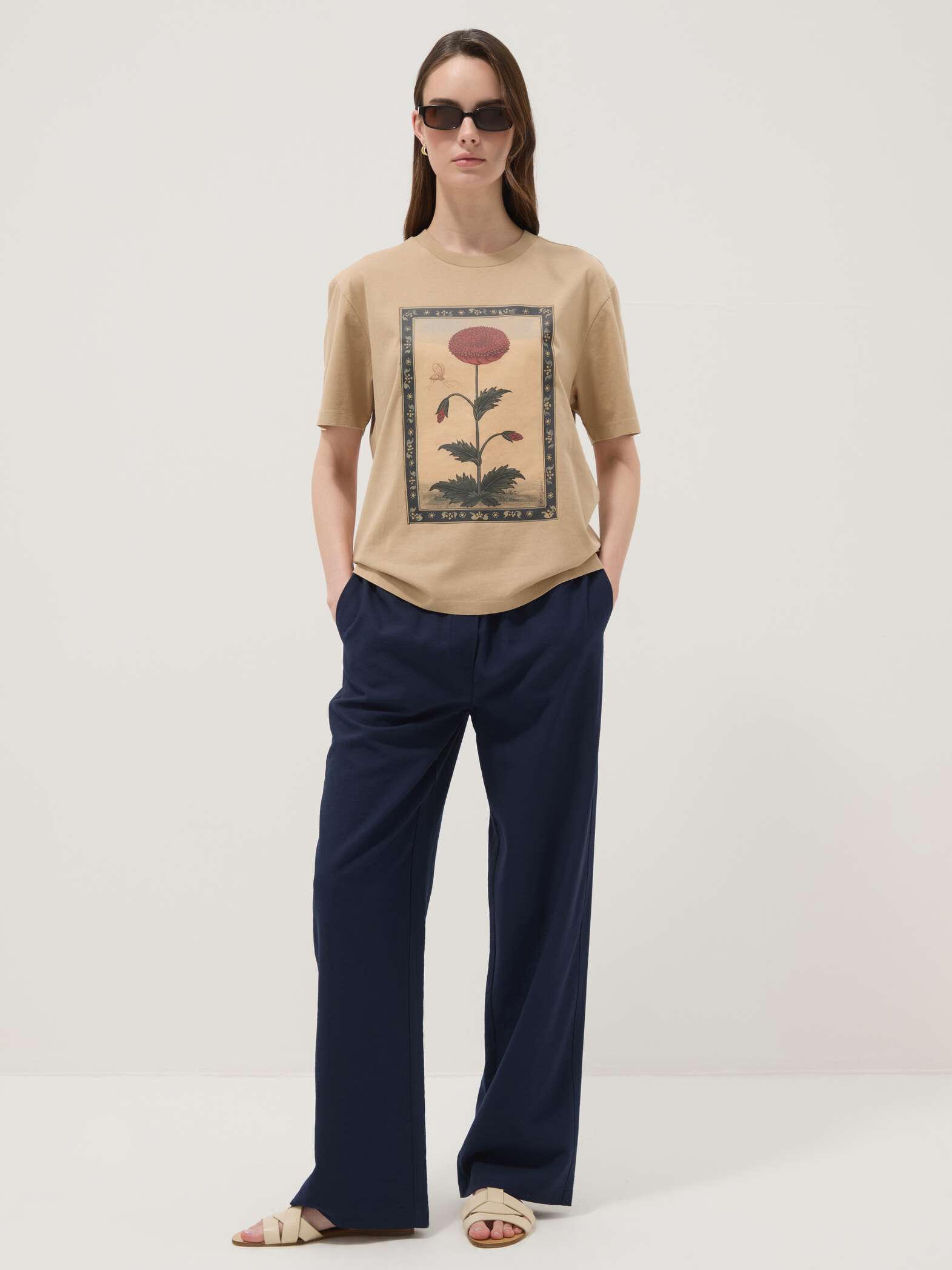OVS Beige Pure Cotton T-Shirt With Floral Print