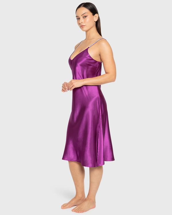 Slip Mid Length Satin W Rhinestone Tape Straps Sparkling Grape / M