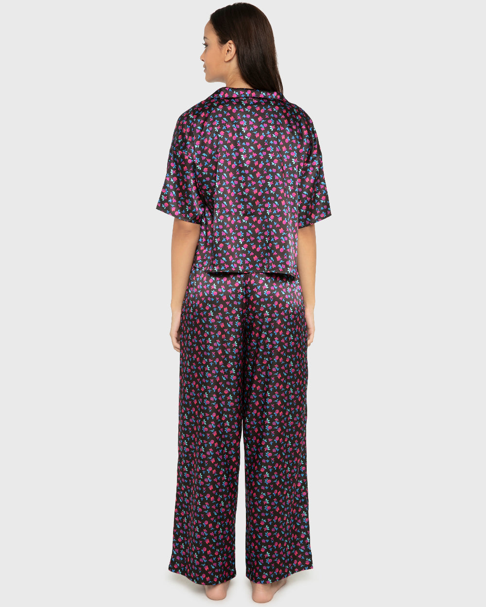 Sleep Satin Top/Short Set - Printed Body Breezy Mid Floral Black/Red / M