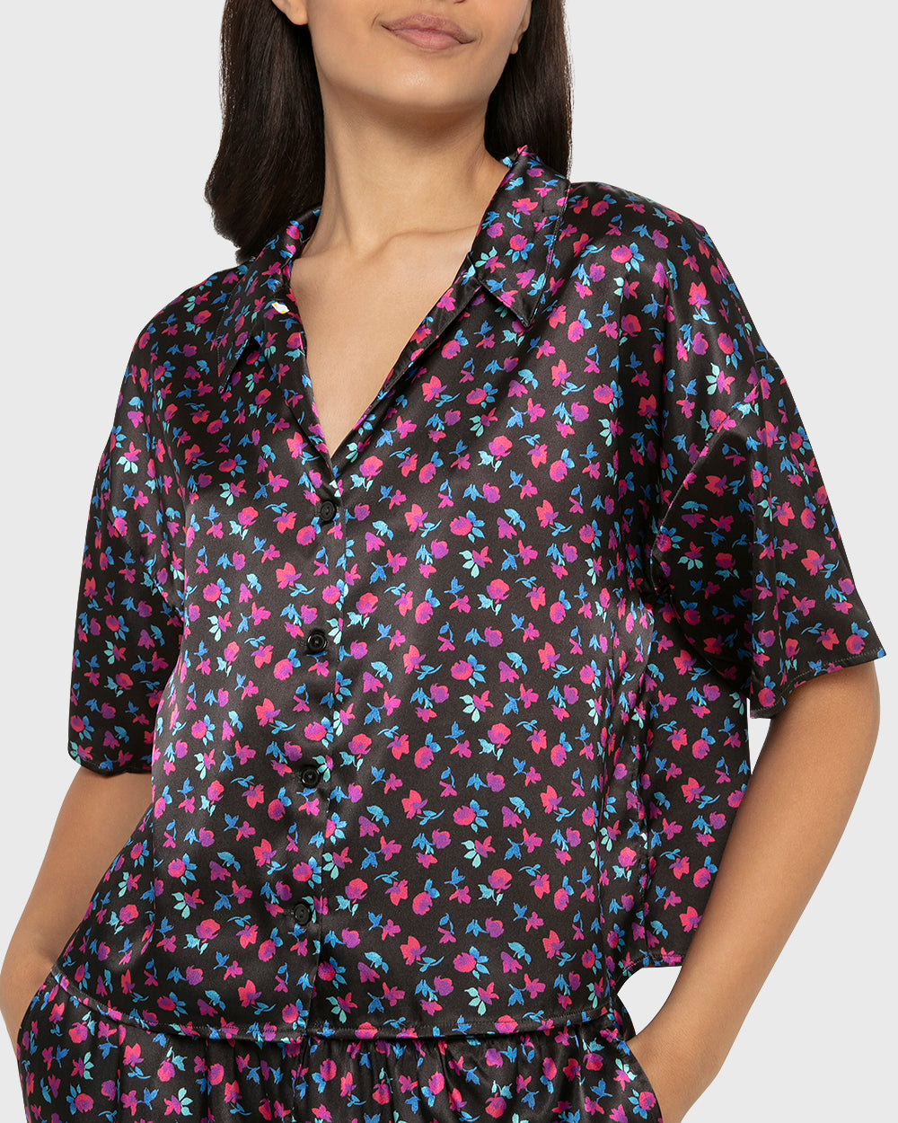 Sleep Satin Top/Short Set - Printed Body Breezy Mid Floral Black/Red / M