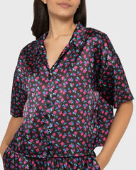 Sleep Satin Top/Short Set - Printed Body Breezy Mid Floral Black/Red / M