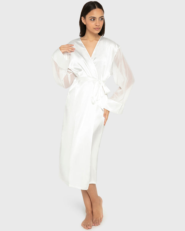Robe Mid Length Satin W Chiffon Sleeve- Designer B Ivory / S-M