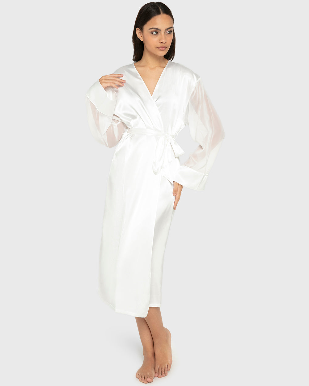 Robe Mid Length Satin W Chiffon Sleeve- Designer B Ivory / S-M