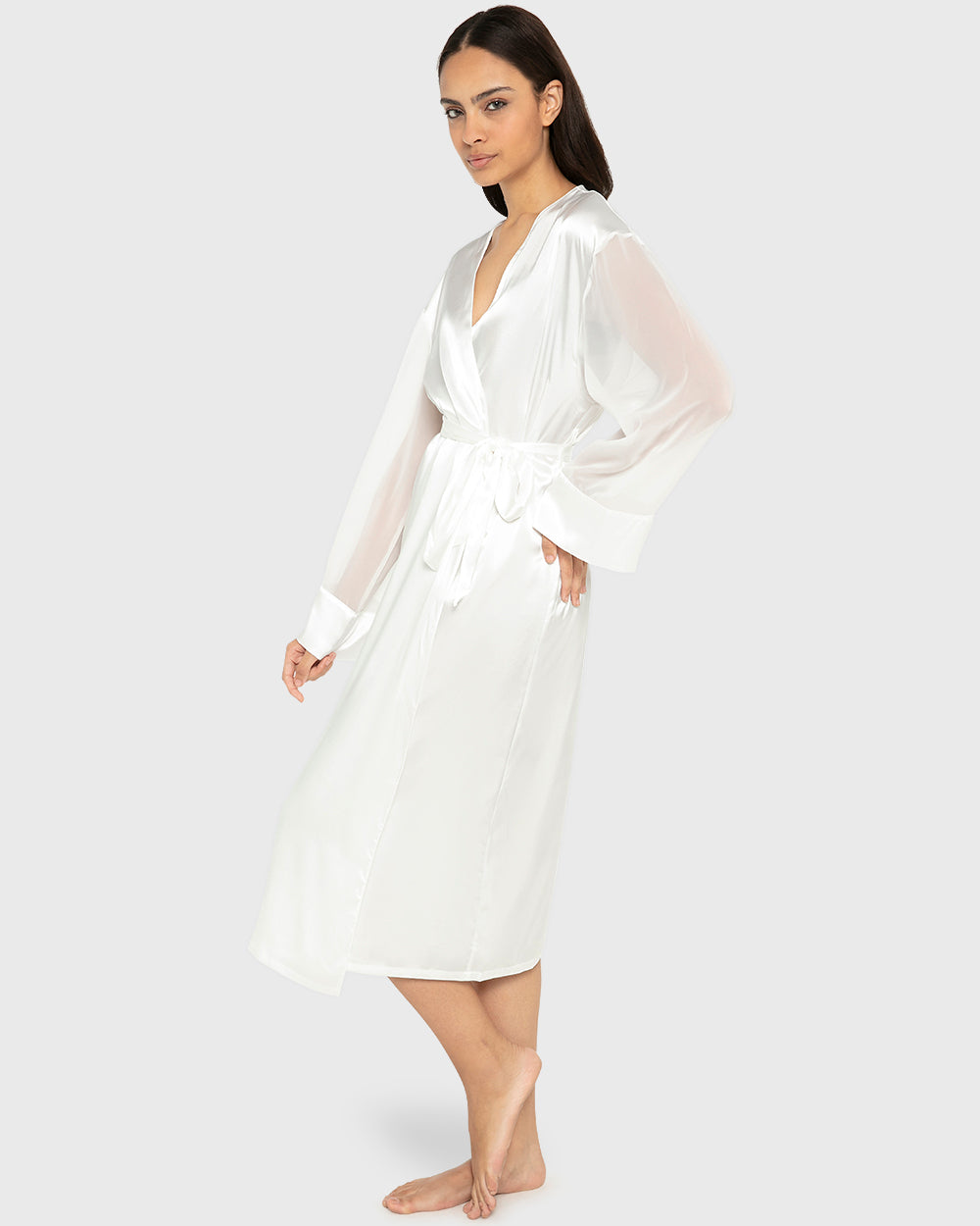 Robe Mid Length Satin W Chiffon Sleeve- Designer B Ivory / S-M