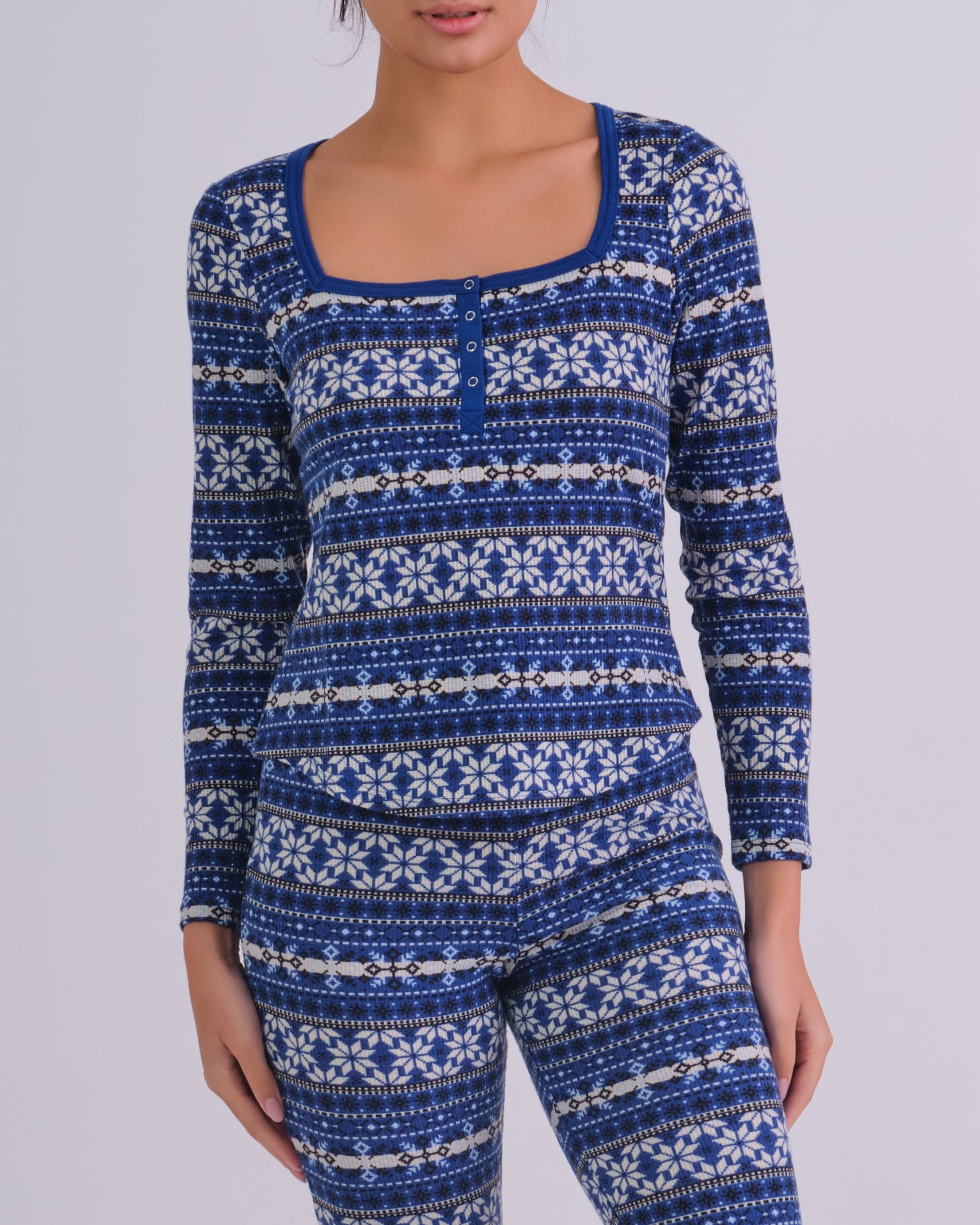 Gift Waffle Squareneck Ls Henley- Print BLUE FLIRTY FAIR ISLE / MED