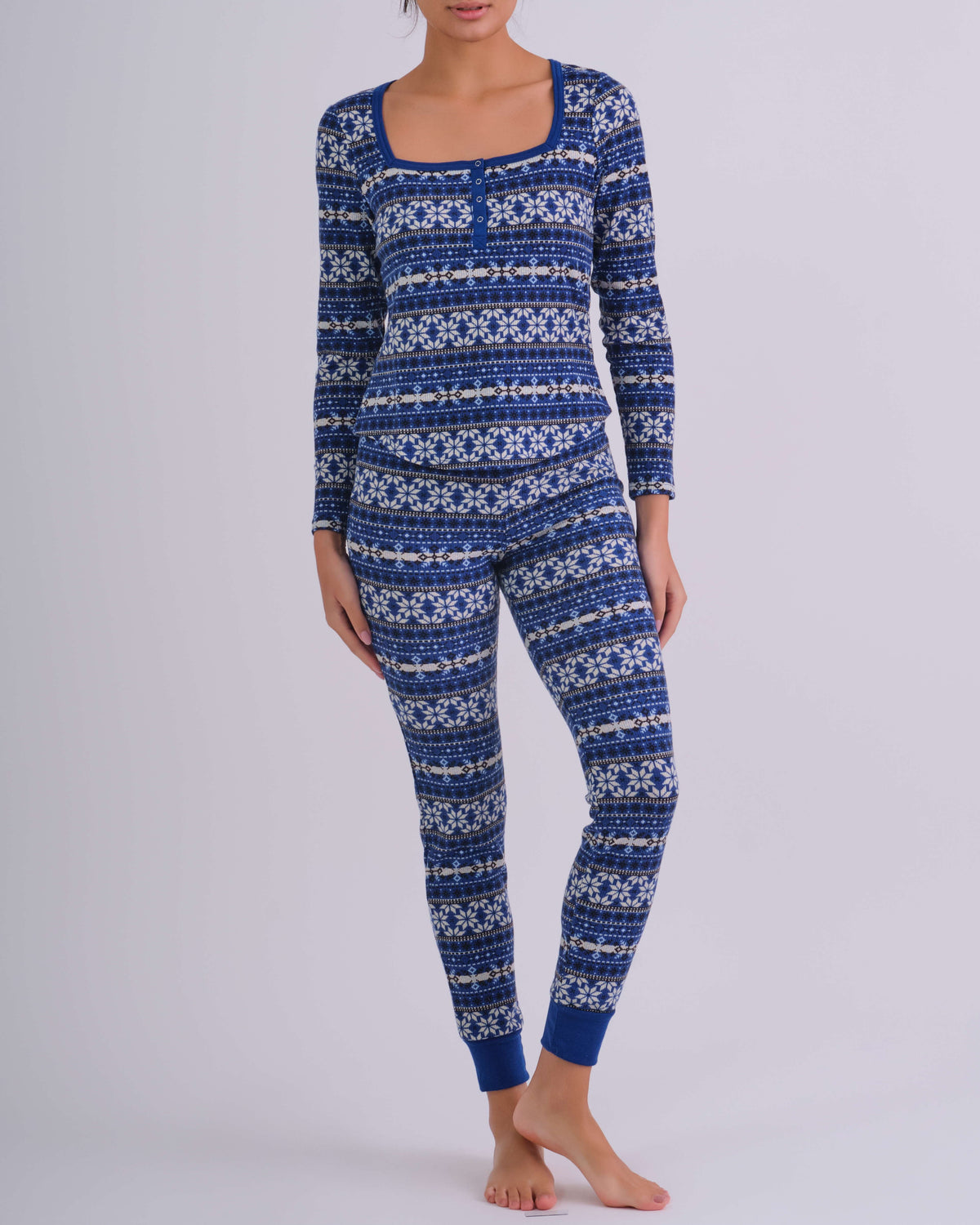 Gift Waffle Squareneck Ls Henley- Print BLUE FLIRTY FAIR ISLE / MED