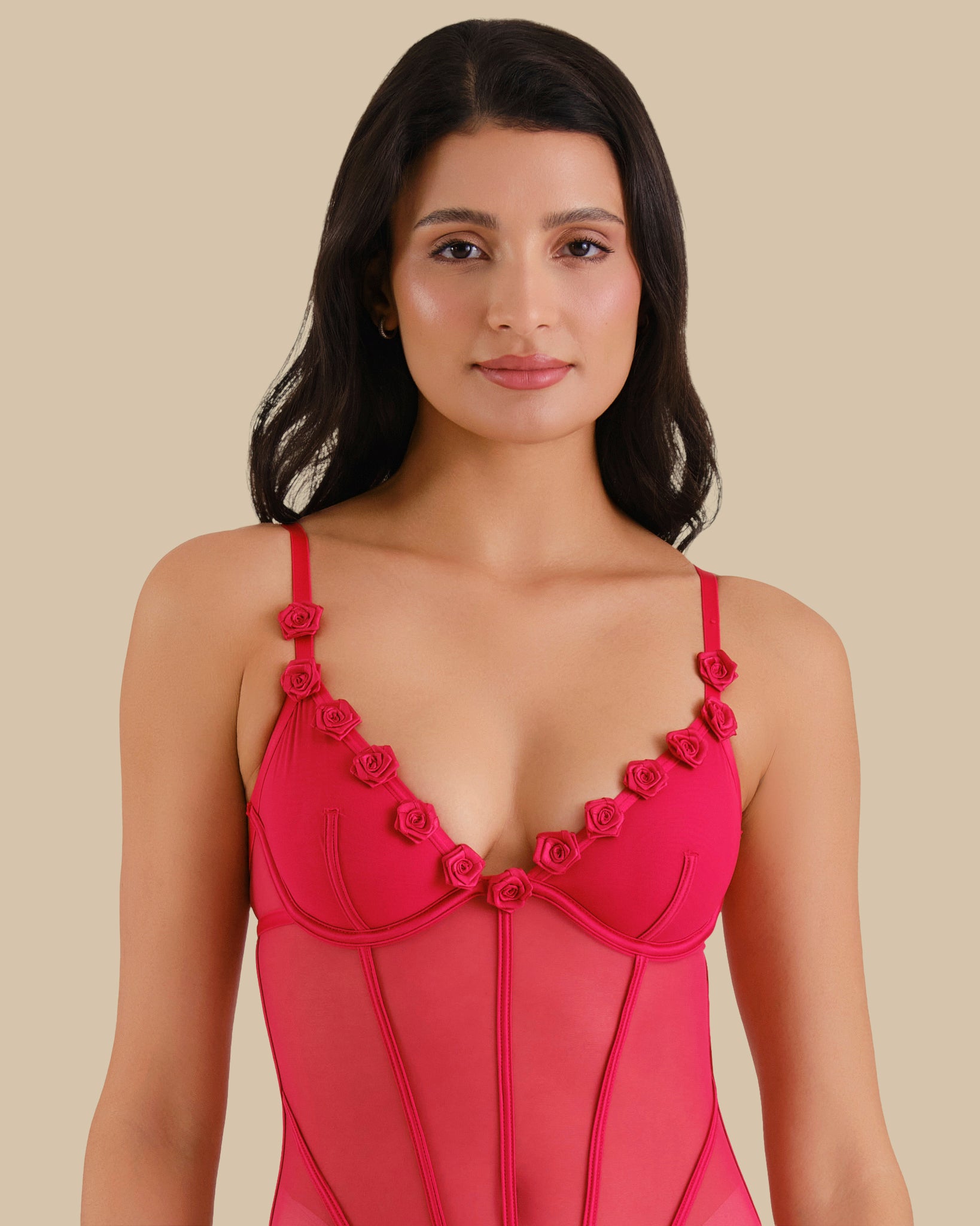 BDYST UL CONT PLUNGE ROSETTE DESIGNER W BINDINGS COSMO RED / S