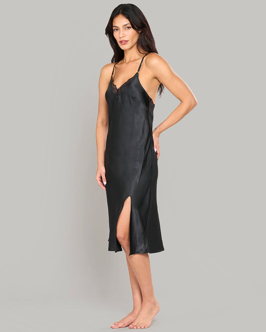 LA SENZA MID-LENGTH SATIN SLIP WITH LACE TRIM BLACK / S